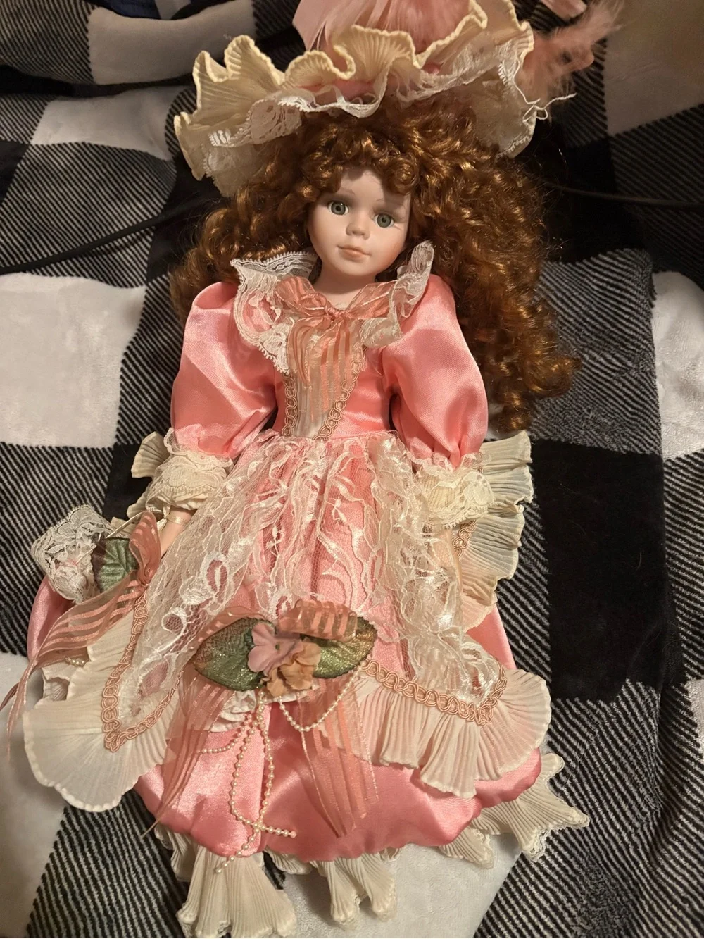 Victorian-Style Porcelain Doll in Pink Lace Dress